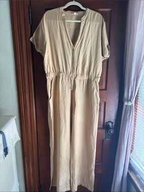 Elan Beige Short-Sleeve Drawstring Jumpsuit